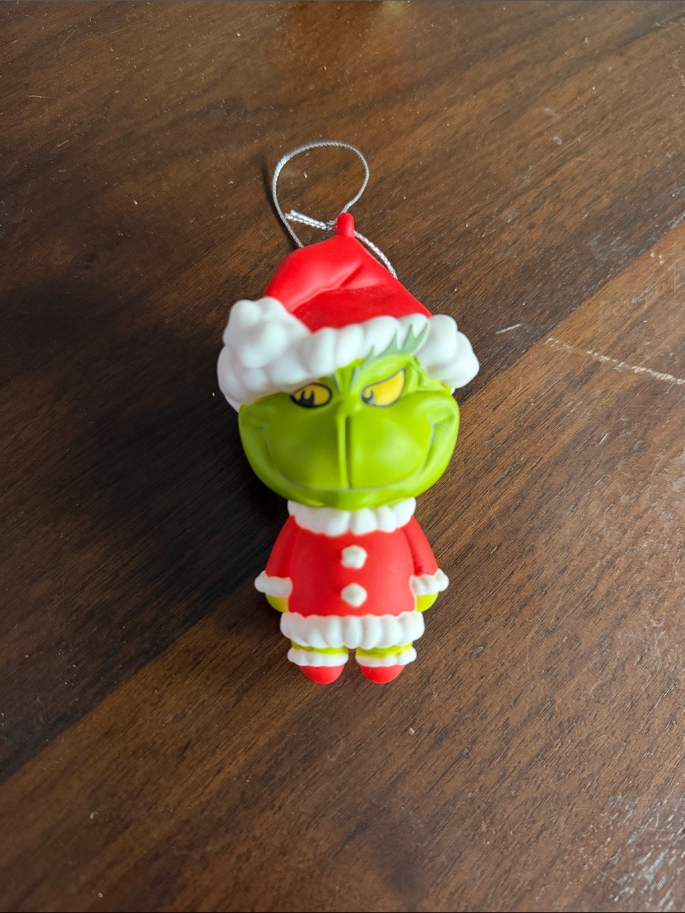 Green Grinch-Style Santa Ornament in Red Outfit
